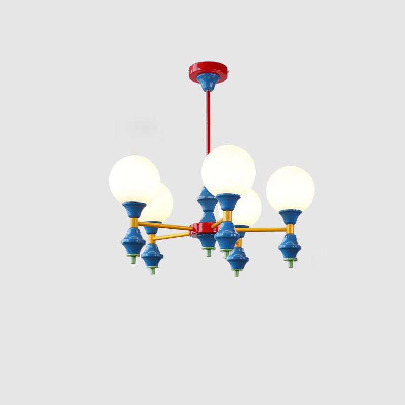 Zeitgenössischer nordischer Kronleuchter mit Eisenrahmen und Glaskugelschirm, 3/5 Lichter, für Wohnzimmer 