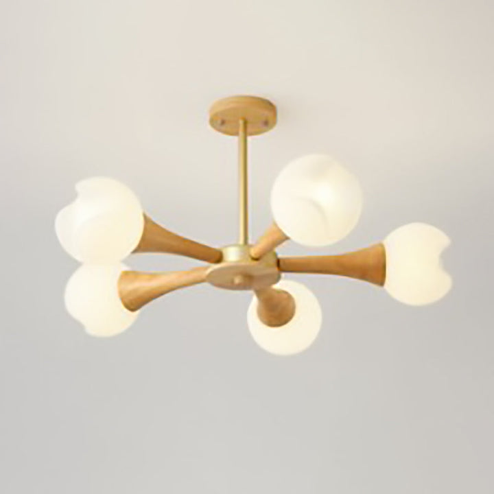 Suspension Contemporaine en Bois de Caoutchouc et Plastique avec Motif de Fleurs Nordiques, 3/5 Lumières pour Salon 