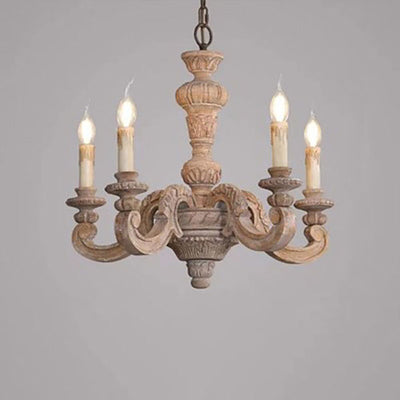 Traditional French Provincial Wood Carved Frame Resin Candelabra 5-Light Chandelier For Dining Room