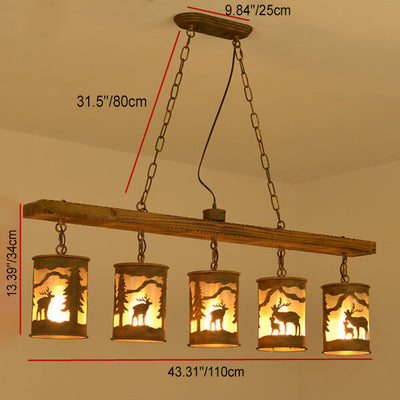 Industrial Retro Creative Long Strip Wood Cylinder Lampshade 3/5-Light Chandelier