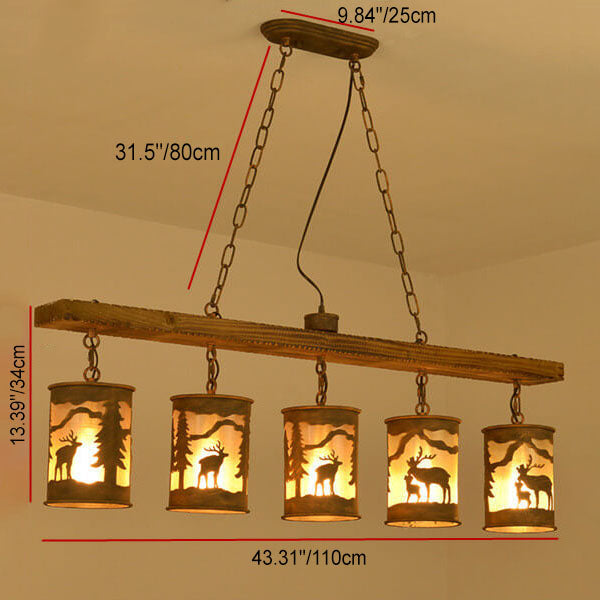 Industrielle Retro Kreative Lange Streifen Holz Zylinder Lampenschirm 3/5-Licht Kronleuchter 
