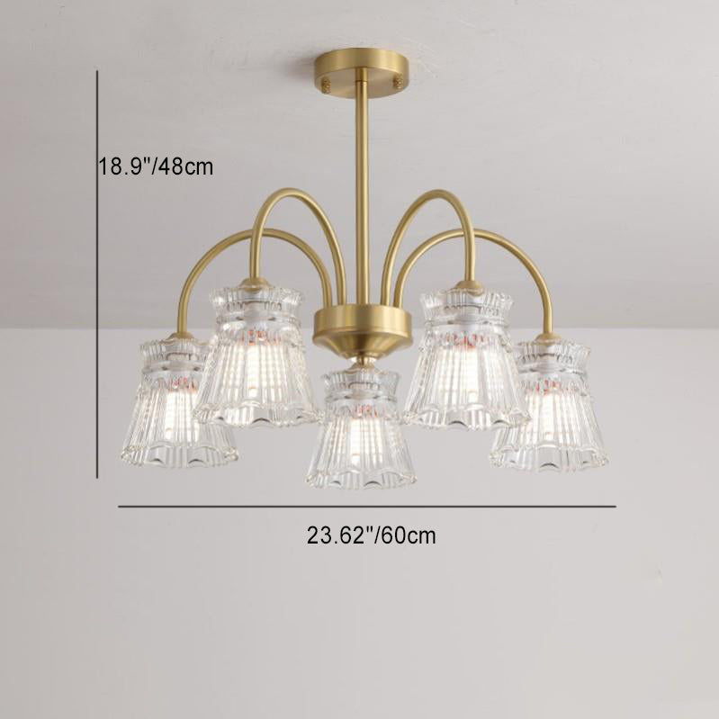 Zeitgenössische Retro gebogene Stange Blume Tasse Kupfer Glas 3/5/6 Licht Kronleuchter für Wohnzimmer 