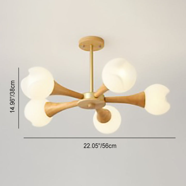 Suspension Contemporaine en Bois de Caoutchouc et Plastique avec Motif de Fleurs Nordiques, 3/5 Lumières pour Salon 