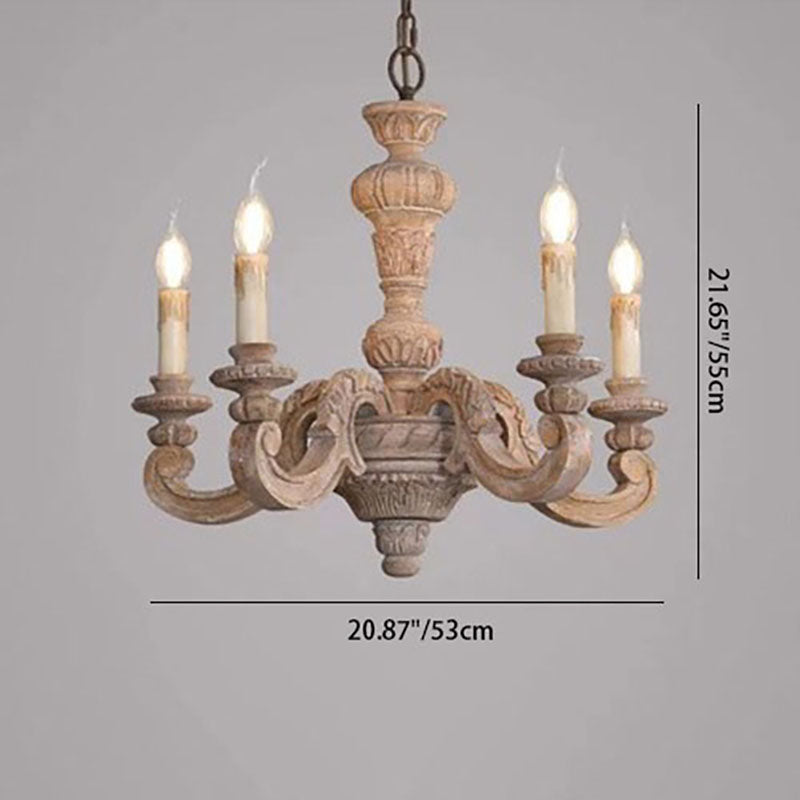 Traditional French Provincial Wood Carved Frame Resin Candelabra 5-Light Chandelier For Dining Room