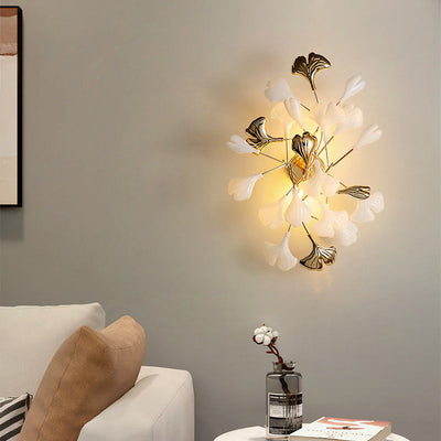 Applique murale contemporaine créative en feuille de ginkgo en fer plastique porcelaine 2/3 lumières pour salon 