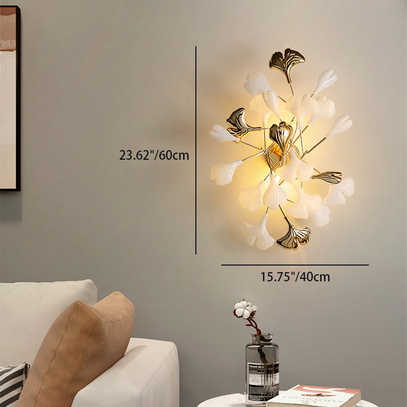Applique murale contemporaine créative en feuille de ginkgo en fer plastique porcelaine 2/3 lumières pour salon 
