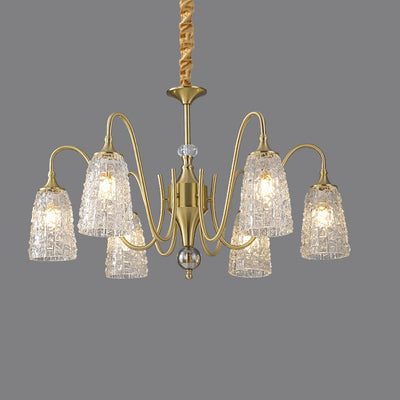 Traditioneller französischer Kronleuchter mit Vollkupferrahmen und Wasserwellen-Glasbecherschirm, 5/6/8/10 Lichter, für Wohnzimmer 