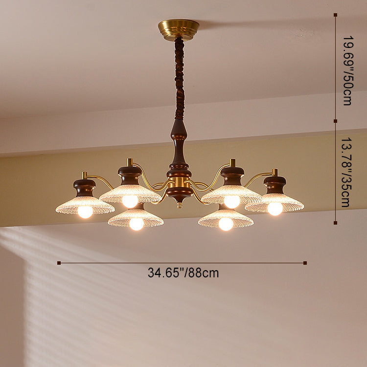 Lustres ronds en laiton vintage traditionnel, fer, bois de frêne, verre, à 3/6/8 lumières pour salle à manger 