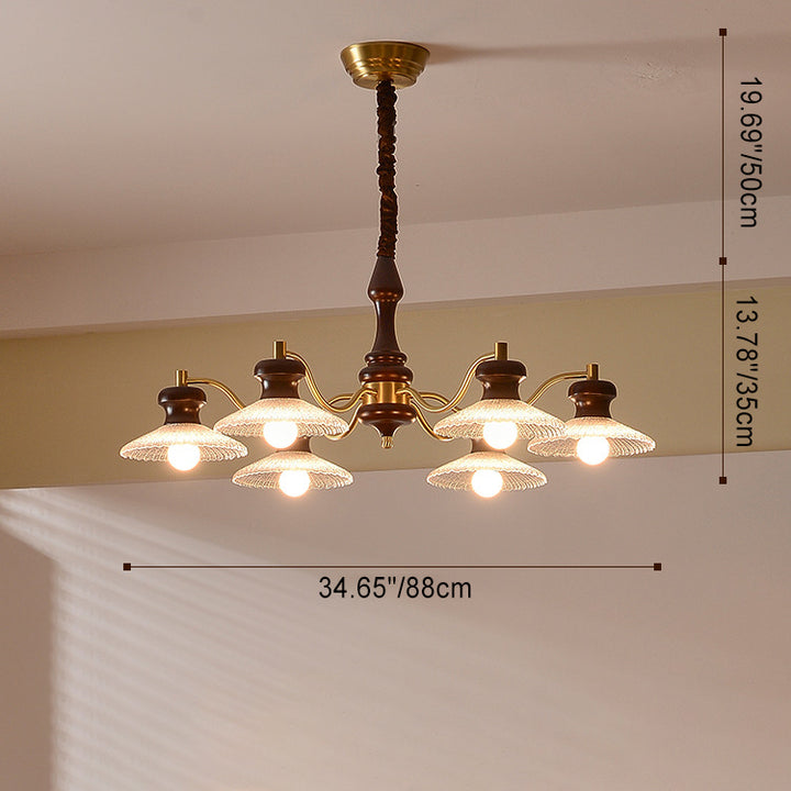 Lustres ronds en laiton vintage traditionnel, fer, bois de frêne, verre, à 3/6/8 lumières pour salle à manger 