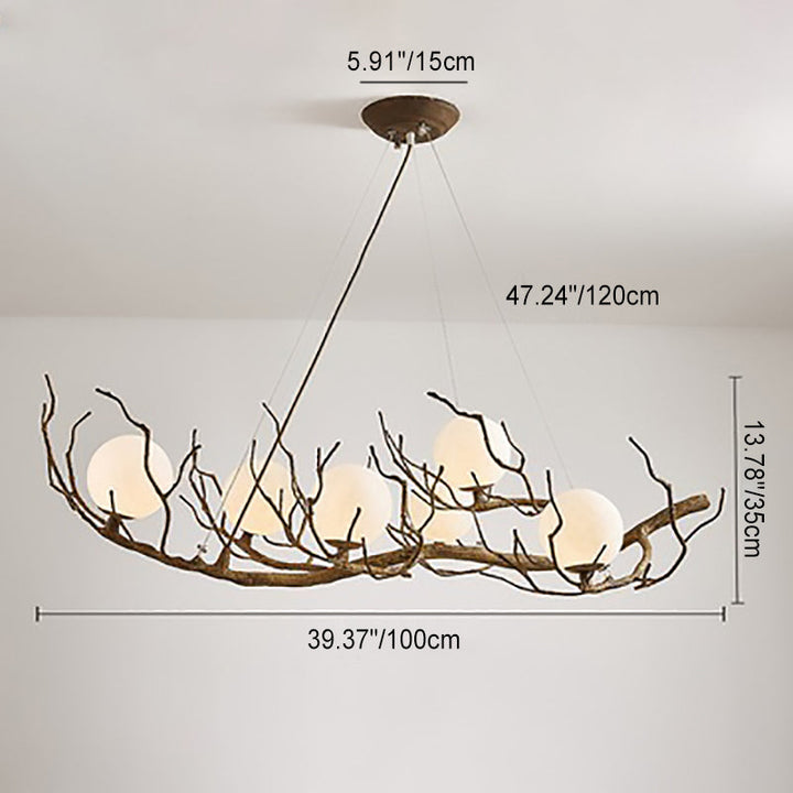 Candelabro contemporáneo de 6 luces de rama de árbol creativo de hierro, resina y vidrio para comedor 