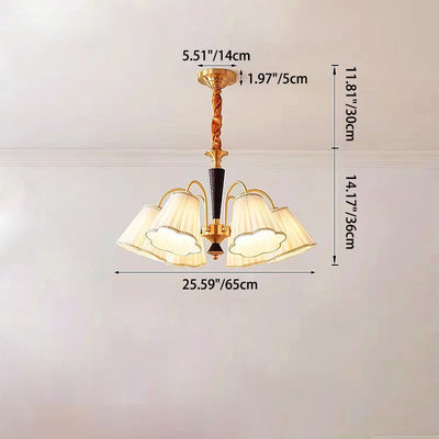 Traditioneller französischer Blumenzweig-Stoff-Walnuss-Messing-Kronleuchter mit 3/6 Lichtern für Schlafzimmer 