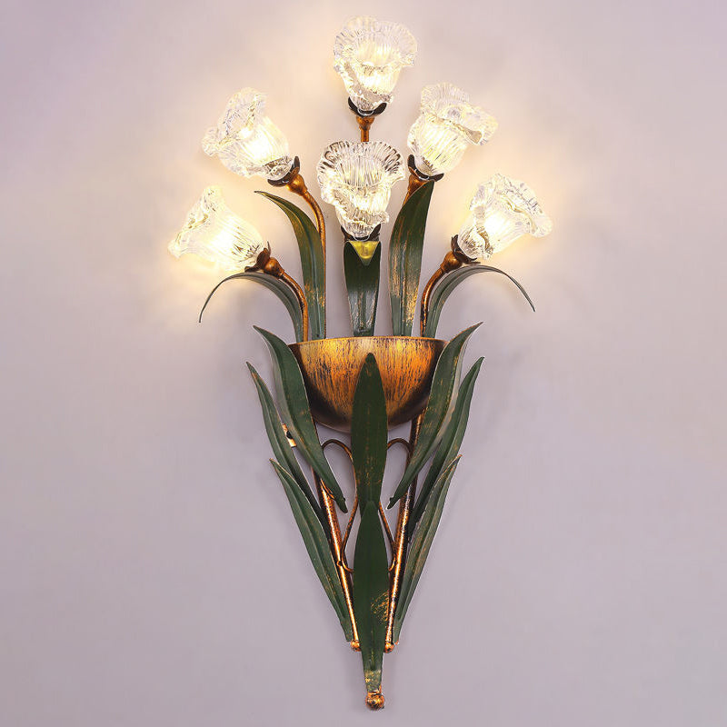 Zeitgenössische kreative Tulpen-Milchglas-Schirm-Eisen-Rahmen 6-Licht-Wandleuchte Lampe für Wohnzimmer 