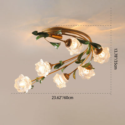 Traditional French Floral Iron Glass 6-Light Flush Mount Ceiling Light For Living Room