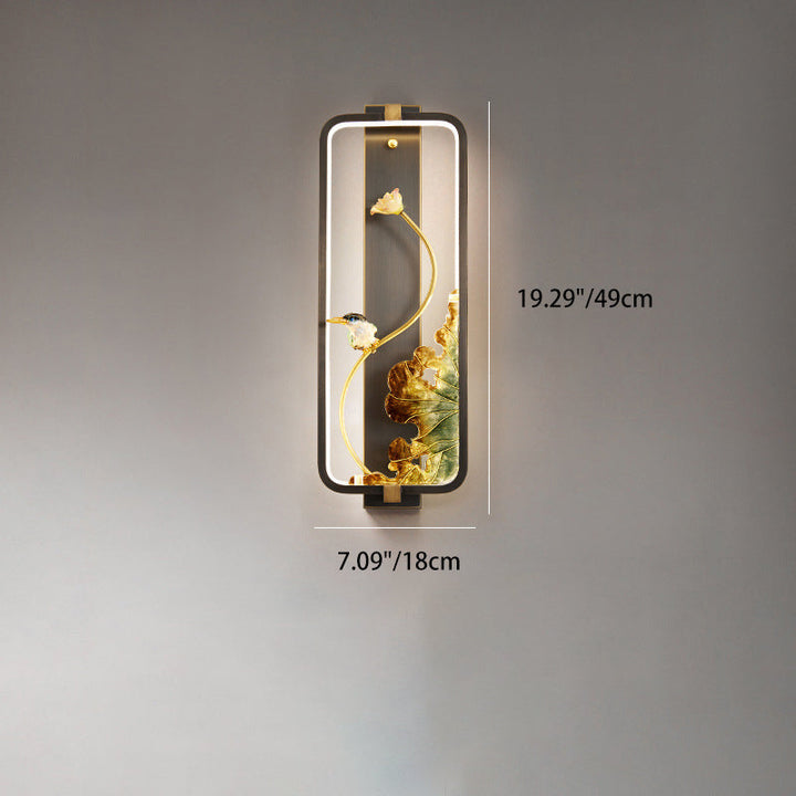 Lampe murale LED avec cadre rectangulaire en cuivre émaillé lotus chinois traditionnel pour chambre 