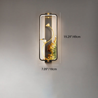 Traditional Chinese Lotus Enamel Copper Rectangular Frame LED Wall Sconce Lamp For Bedroom