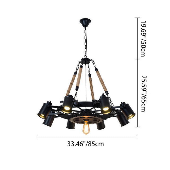 Zeitgenössischer industrieller Retro-Kronleuchter aus Schmiedeeisen und Hanfseil im Zahnrad-Design mit 7/9/11 Flammen für das Wohnzimmer 