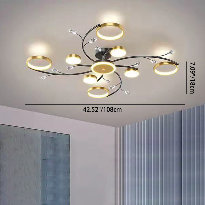 Moderne Luxus-Zweig Runde Hardware Eisen Acryl Kristall Silikon LED Semi-Flush Mount Deckenleuchte für Wohnzimmer 
