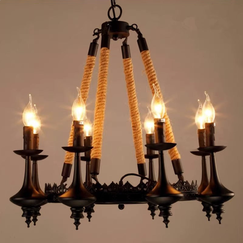 Traditioneller Vintage-Kandelaber aus Eisen, Hanfseil, 3/6/8 Lichter, Kronleuchter für Wohnzimmer 