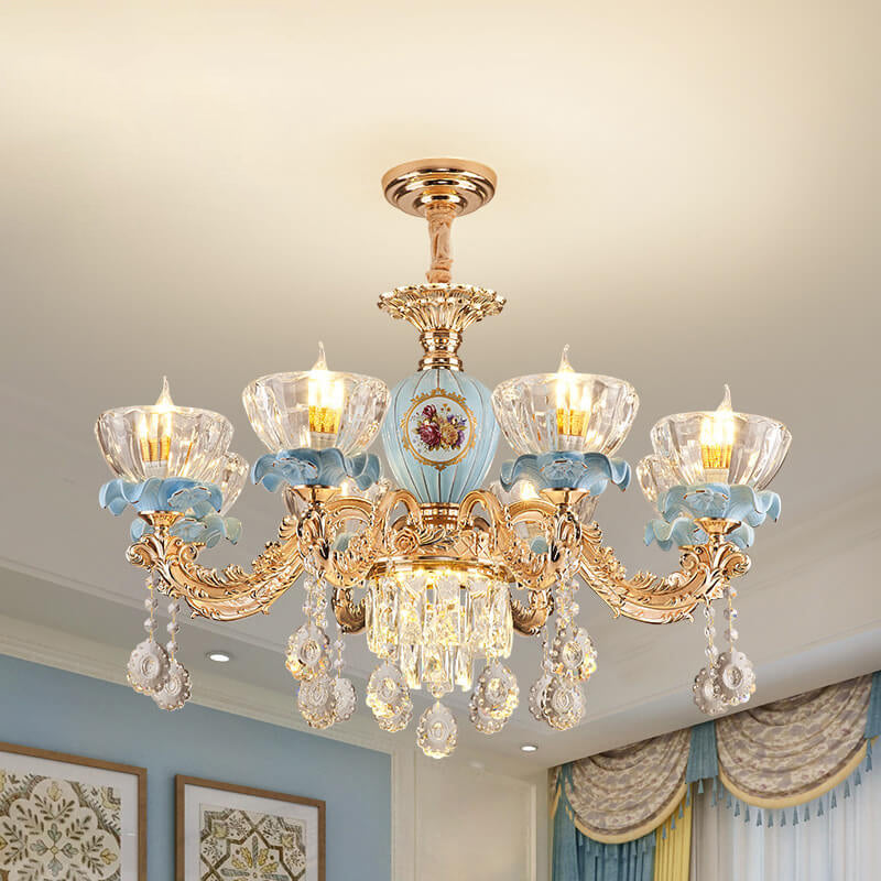 Traditional European Flower Candelabra Zinc Alloy Crystal Glass Ceramic 6/8/10/12-Light Chandelier For Living Room