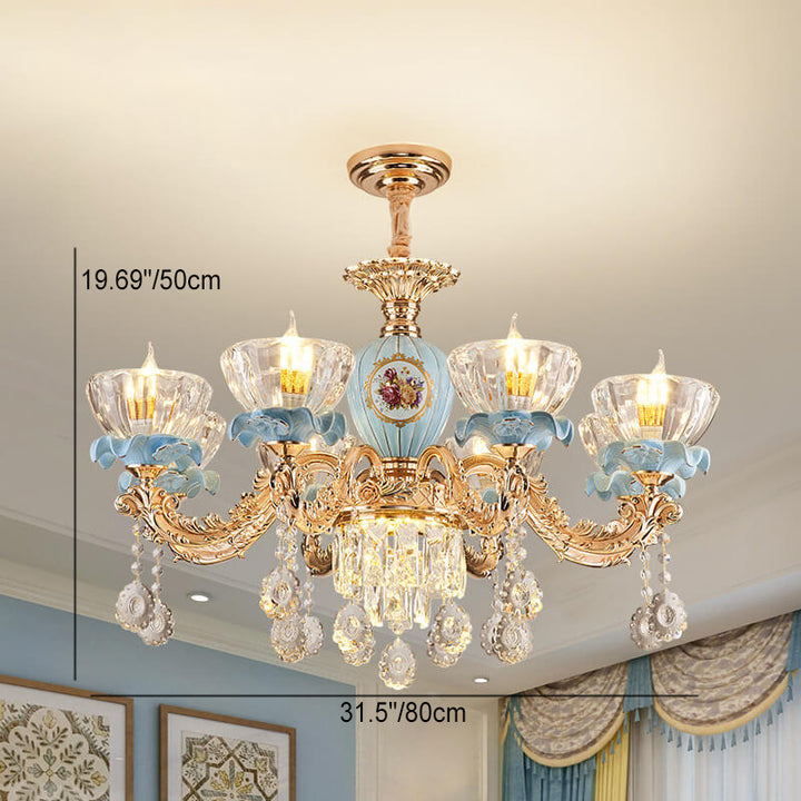 Traditional European Flower Candelabra Zinc Alloy Crystal Glass Ceramic 6/8/10/12-Light Chandelier For Living Room