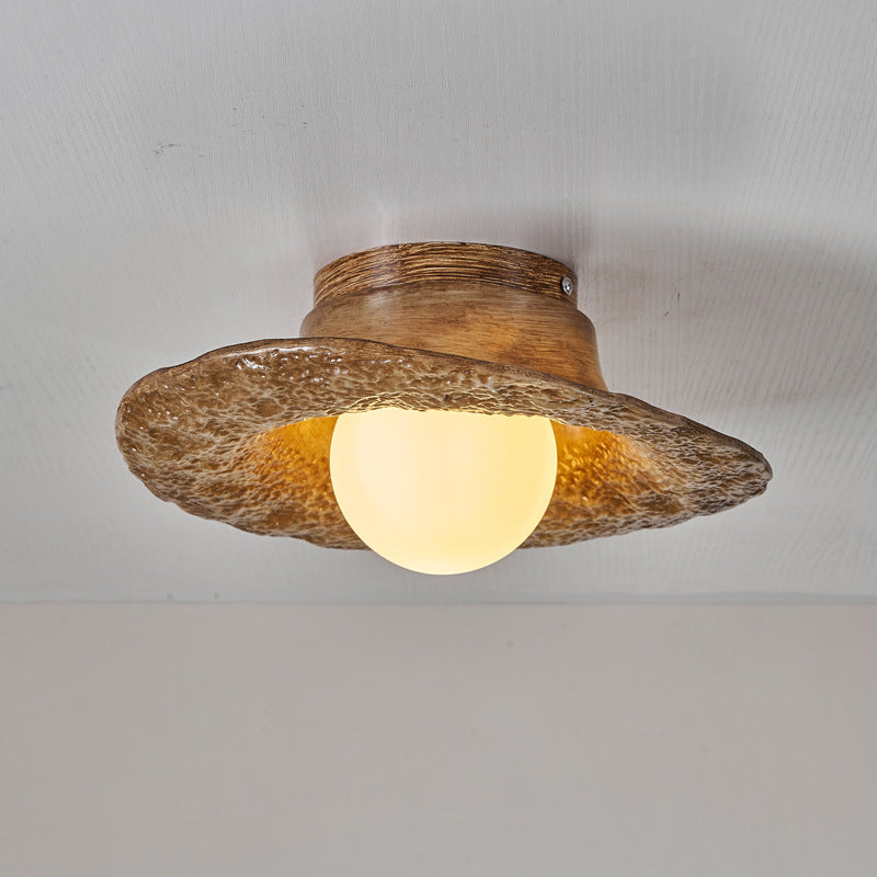 Traditional Vintage Straw Hat Resin Hardware 1-Light Flush Mount Ceiling Light For Bedroom