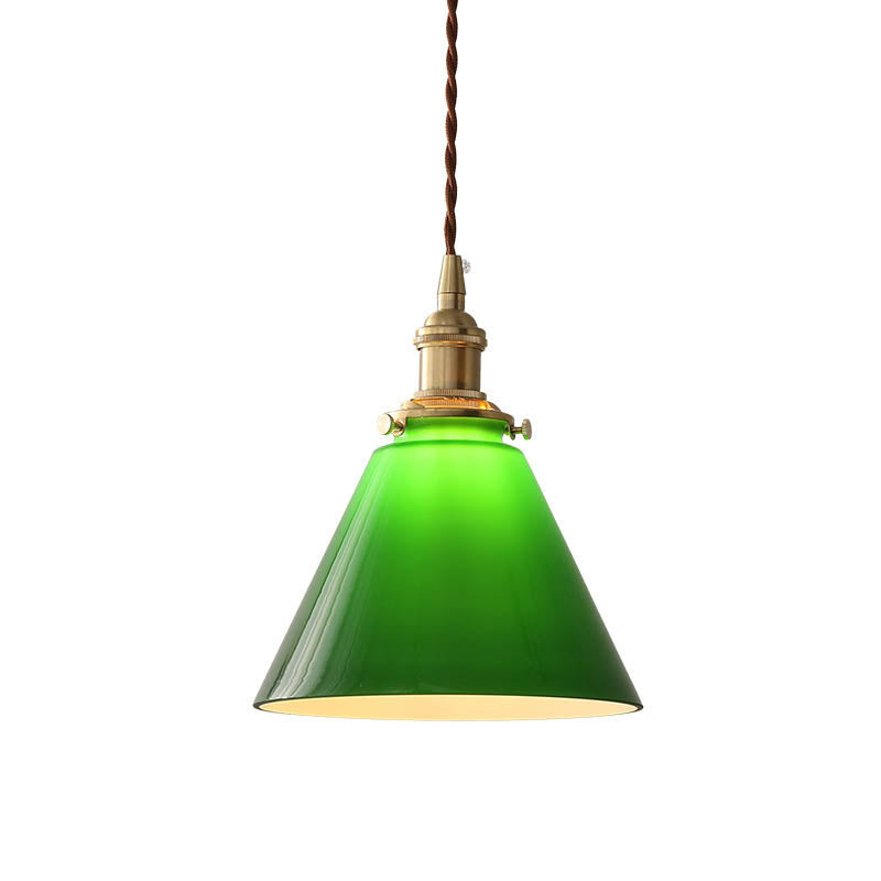 Luminaire suspendu contemporain rétro à 1 lumière en verre et cuivre à cône vert pour le salon 