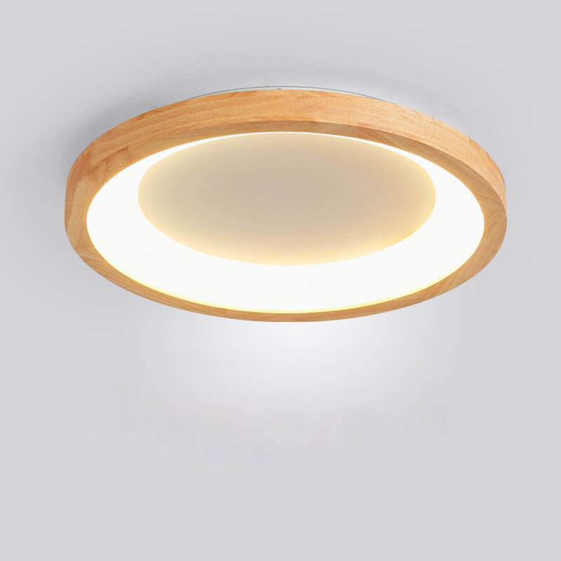 Contemporary Scandinavian Rubberwood Acrylic Log Circle Design LED Flush Mount Ceiling Light For Living Room