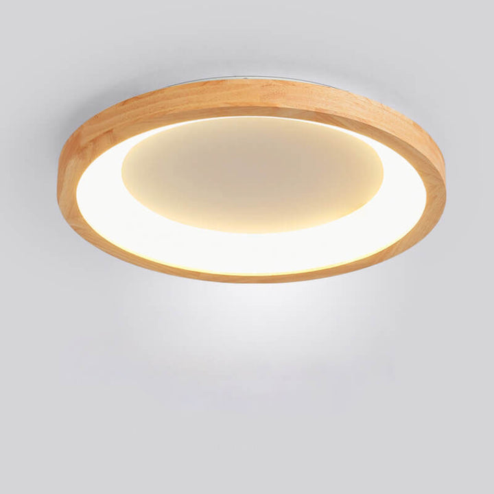 Contemporary Scandinavian Rubberwood Acrylic Log Circle Design LED Flush Mount Ceiling Light For Living Room