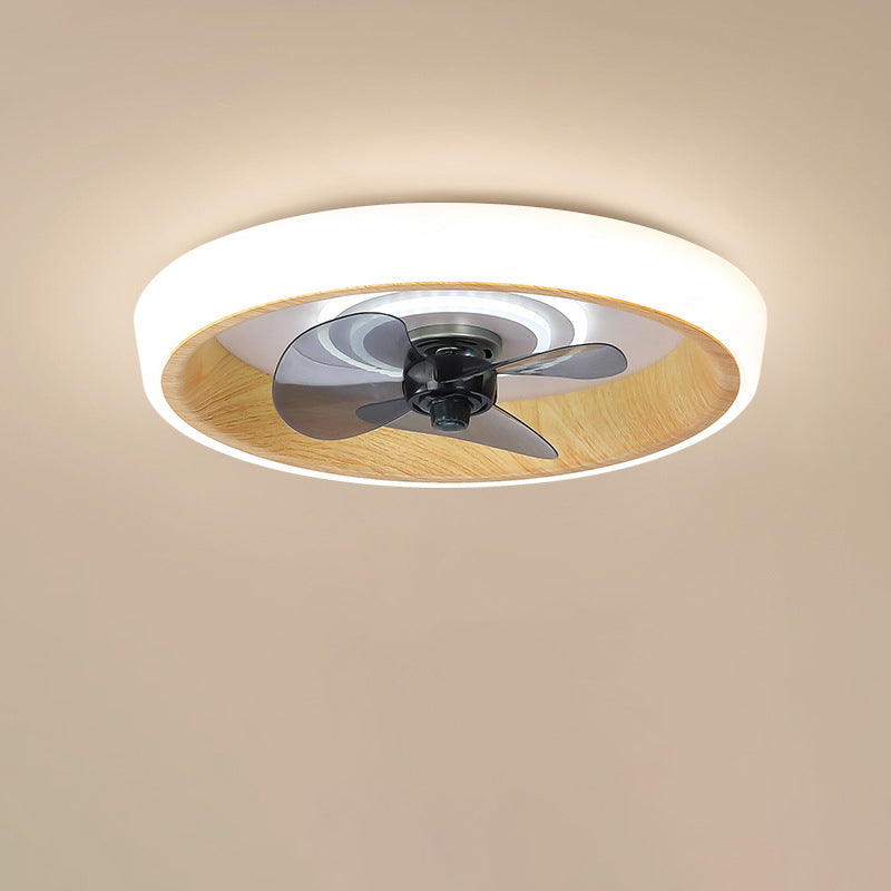 Modern Minimalist Round Wood Grain Aluminum Acrylic LED Flush Mount Ceiling Fan Light For Bedroom
