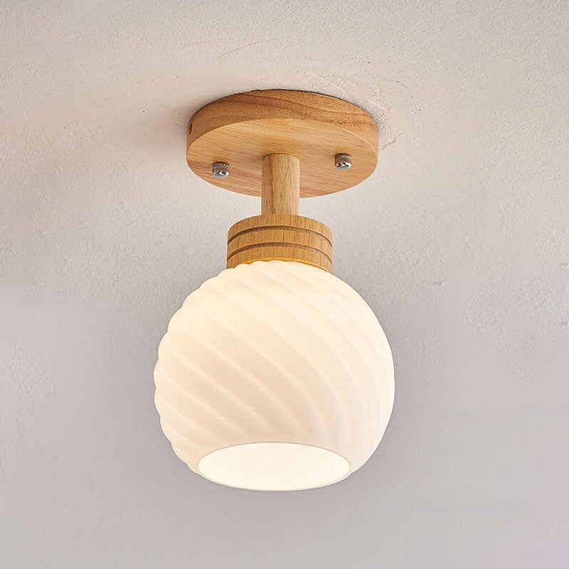 Traditional Japanese Spherical Glass Shape Wood Base1-Light Semi-Flush Mount Ceiling Light For Living Room