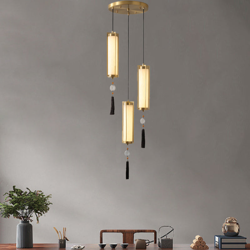 Traditional Chinese Copper Glass Cylinder Elliptical Hollow 1/3/6 Light Chandelier For Entryway