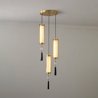 Traditional Chinese Copper Glass Cylinder Elliptical Hollow 1/3/6 Light Chandelier For Entryway