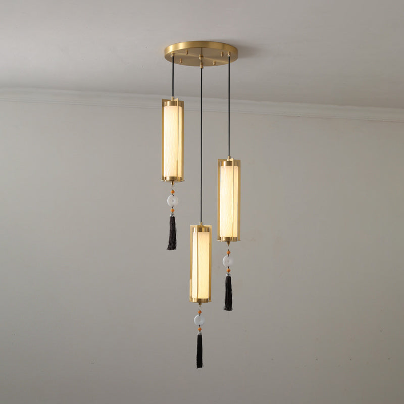 Traditional Chinese Copper Glass Cylinder Elliptical Hollow 1/3/6 Light Chandelier For Entryway
