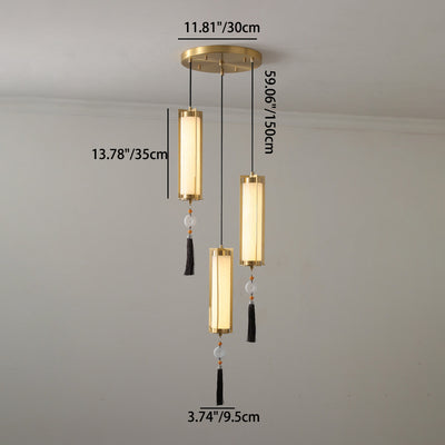 Traditional Chinese Copper Glass Cylinder Elliptical Hollow 1/3/6 Light Chandelier For Entryway