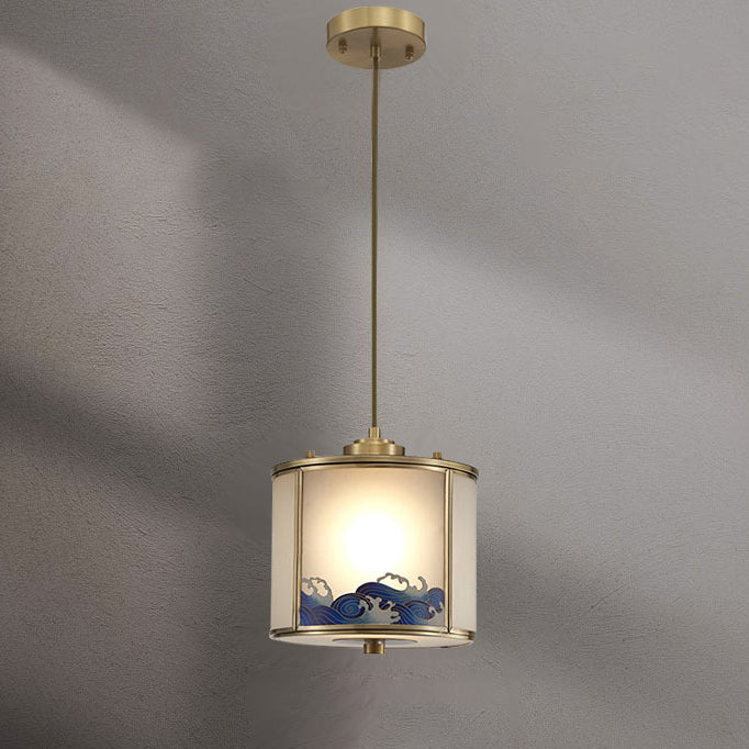 Traditionelle chinesische Messingglaszylinder-Pendelleuchte mit 1 Licht für Wohnzimmer 
