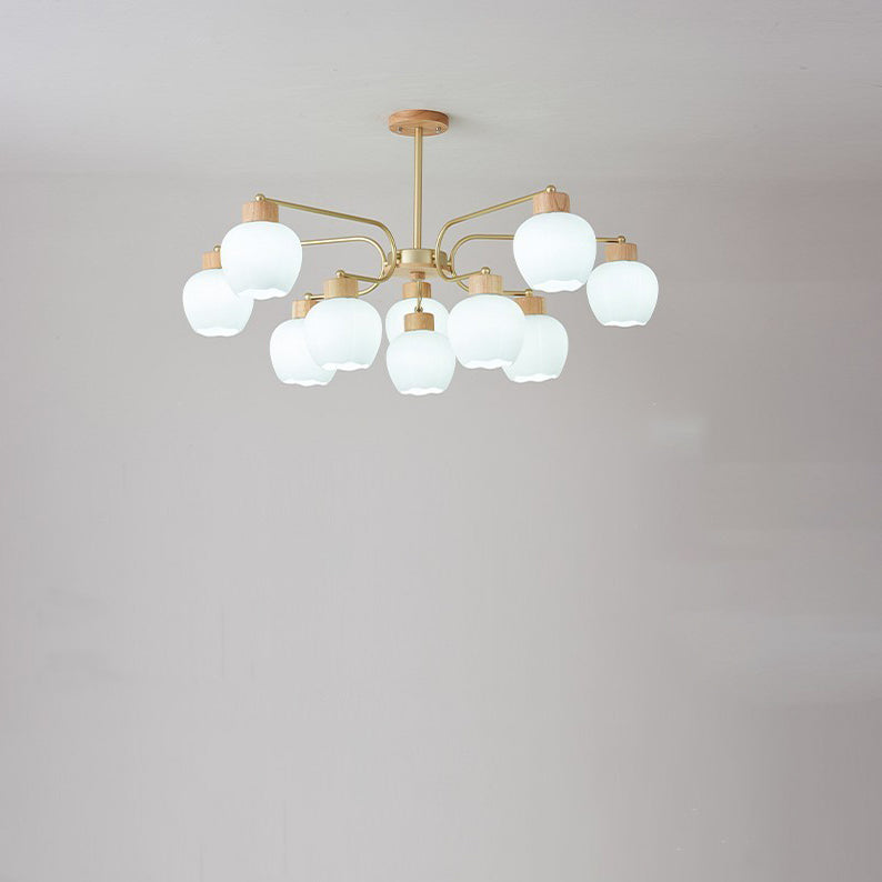 Moderne minimalistische gebogene Stange weiße Glockenblume Hardware Holz Glas 6/10 Licht Kronleuchter für Wohnzimmer 