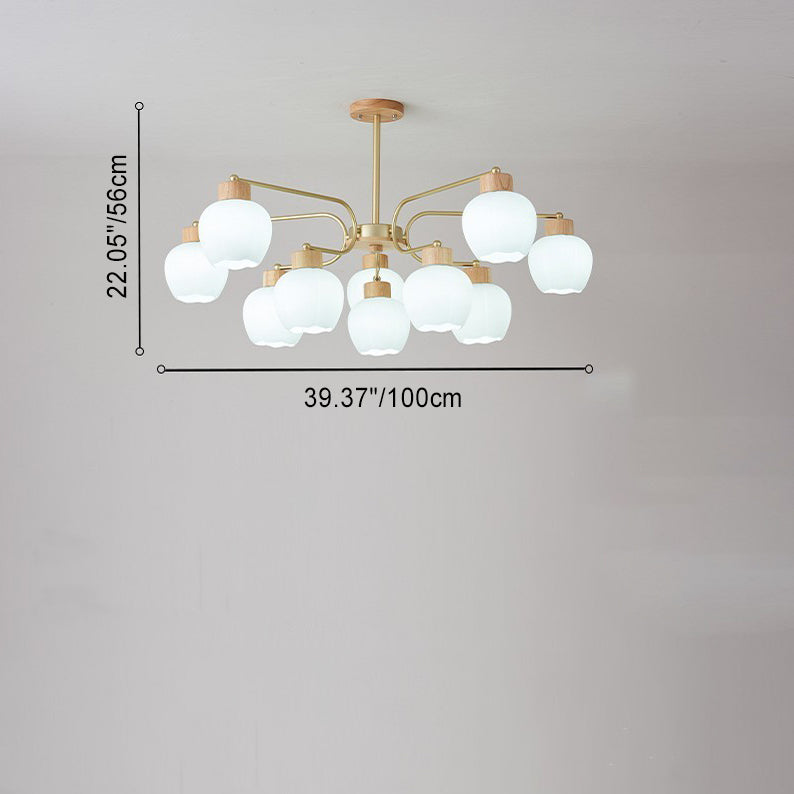 Moderne minimalistische gebogene Stange weiße Glockenblume Hardware Holz Glas 6/10 Licht Kronleuchter für Wohnzimmer 