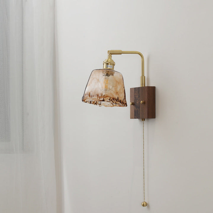 Traditional Vintage Full Copper Amber Glass Square Shade 1-Light Wall Sconce Lamp For Bedroom