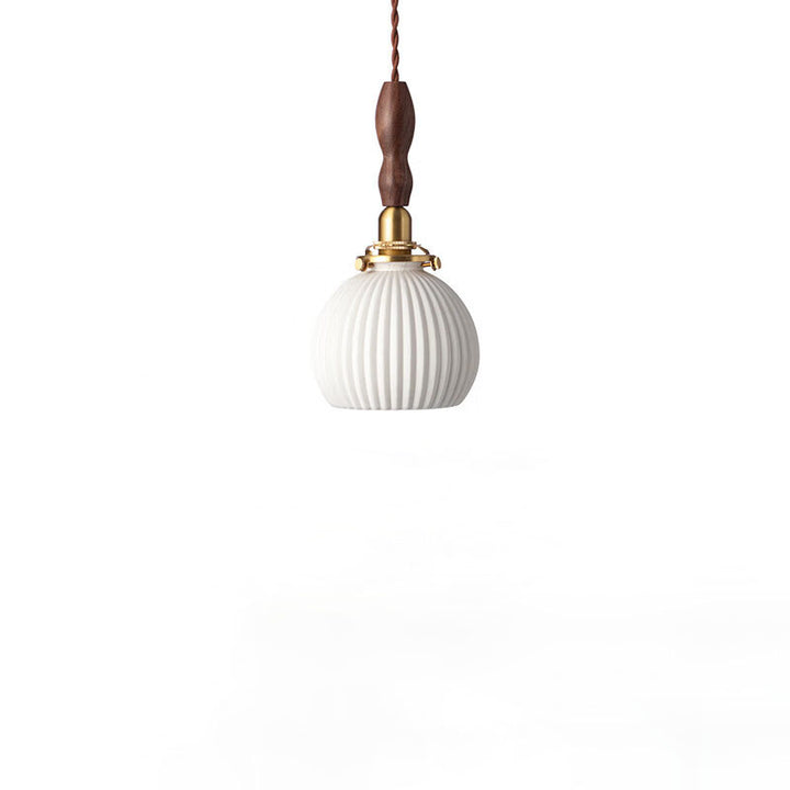 Lustre suspendu rond en céramique, laiton et noyer japonais traditionnel à 1 lumière pour salle à manger 
