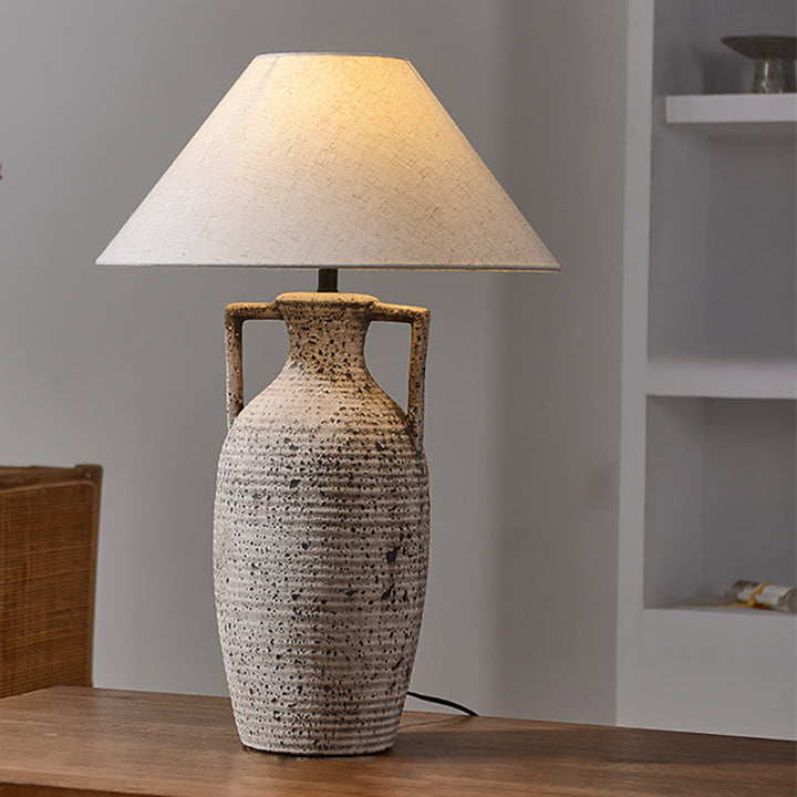 Modern Vintage Ceramic Jar Linen Fabric Handmade 1-Light Table Lamp For Living Room