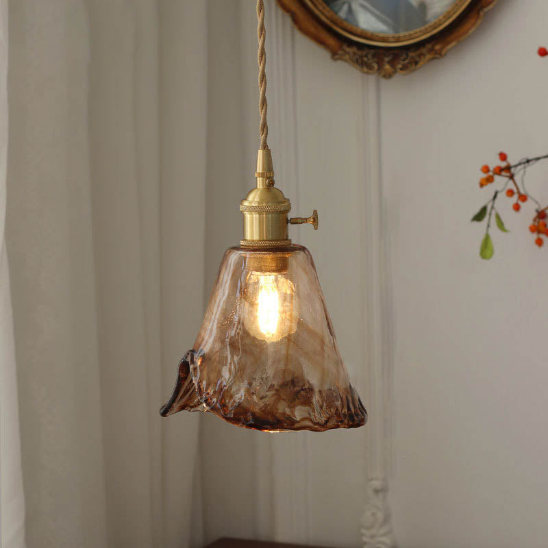 Modern Eclectic Amber Brass Glass Geometric Jar 1-Light Pendant Light For Living Room