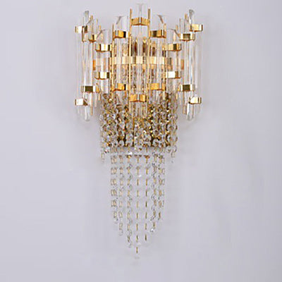 Applique Murale Moderne en Acier Inoxydable Doré de Luxe avec Pampilles en Cristal et 2 Lumières pour Salon 