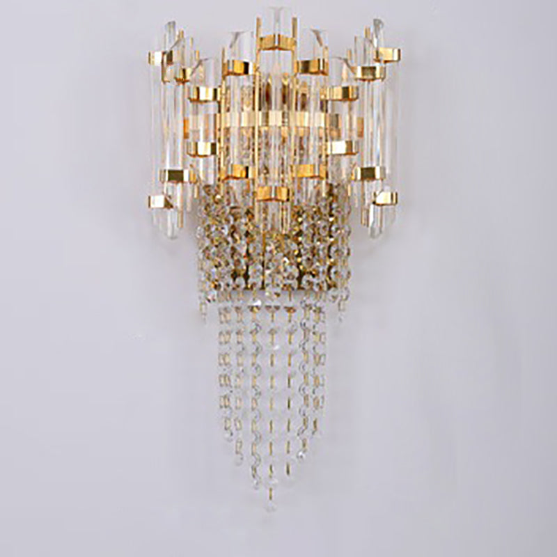 Applique Murale Moderne en Acier Inoxydable Doré de Luxe avec Pampilles en Cristal et 2 Lumières pour Salon 