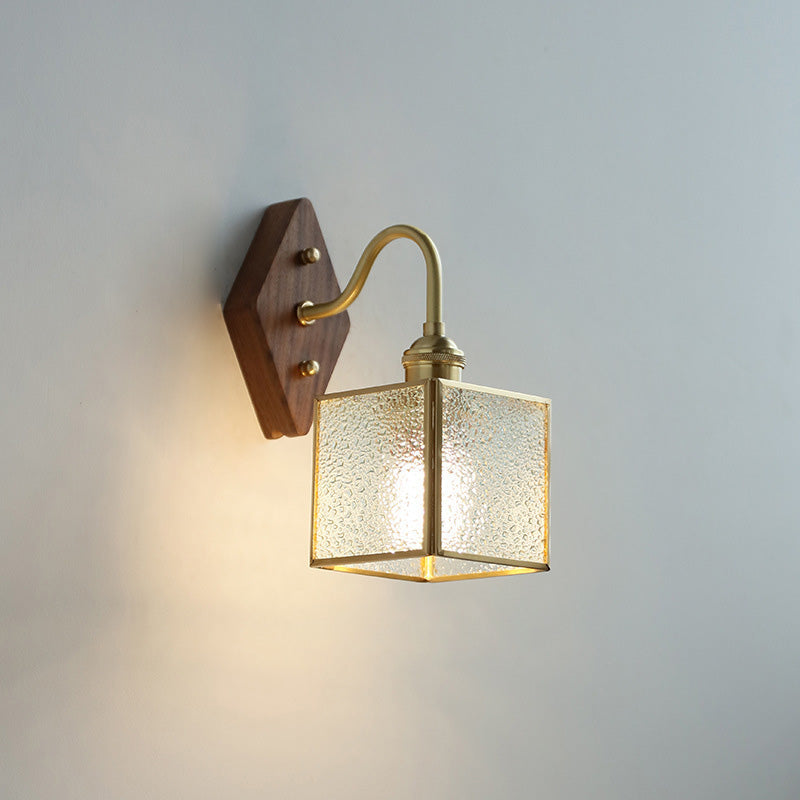 Applique Murale Traditionnelle Vintage Carrée en Verre de Cuivre et Bois à 1 Lumière pour Chambre 
