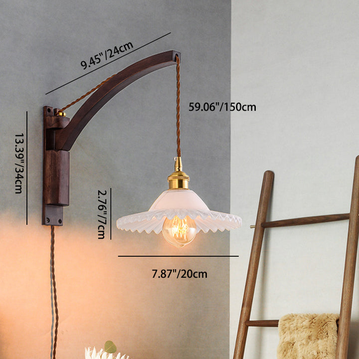 Traditional Japanese Walnut Glass Ceramic Conic Prism 1-Light Wall Sconce Lamp For Bedside