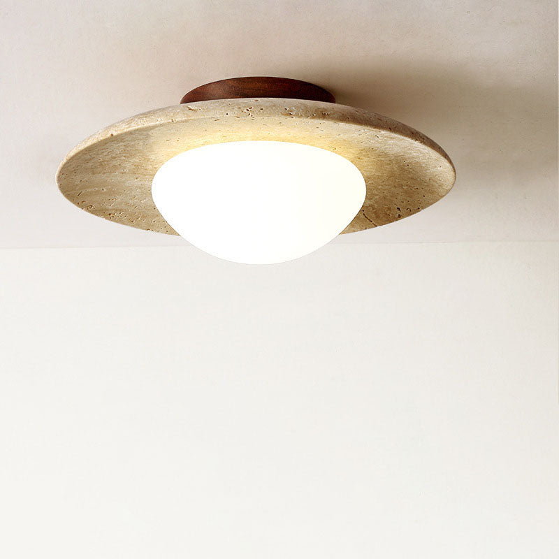 Modern Minimalist Cylinder Oval Dish Yellow Travertine 1-Light Semi-Flush Mount Ceiling Light For Living Room