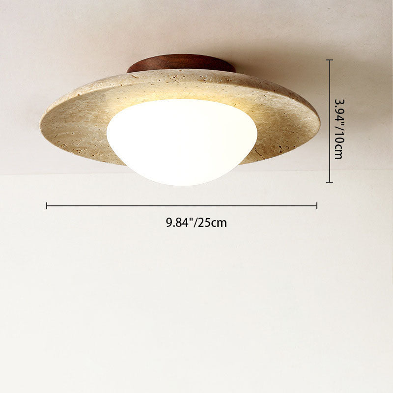 Modern Minimalist Cylinder Oval Dish Yellow Travertine 1-Light Semi-Flush Mount Ceiling Light For Living Room