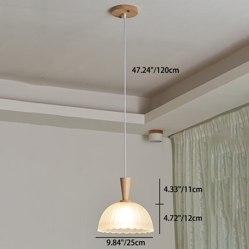 Suspension Luminaire Moderne Minimaliste Rond en Verre à Rayures en Dentelle avec Bois 1-Lumière pour Salon 
