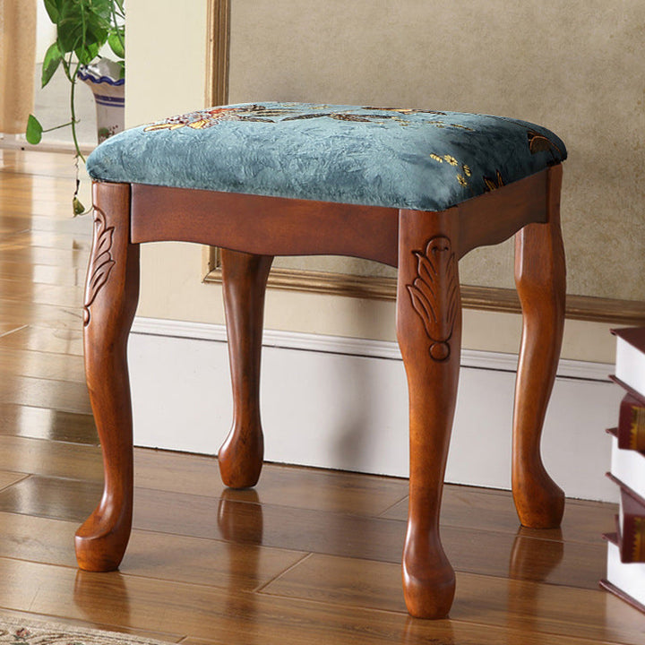 Traditional European Square Fabric Upholstered Rubberwood Carved Frame Vanity Stool For Bedroom