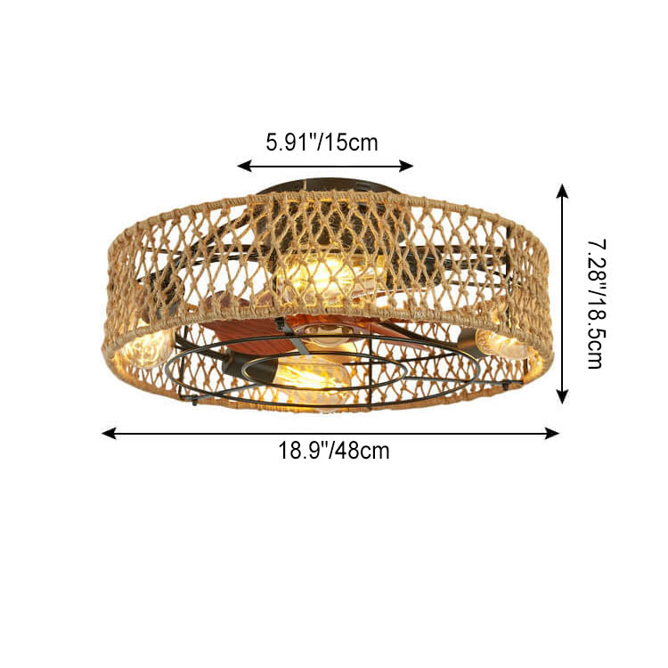 Traditional Rustic Round Drum Iron Hemp Rope 4-Light Semi-Flush Mount Ceiling Fan Light For Bedroom